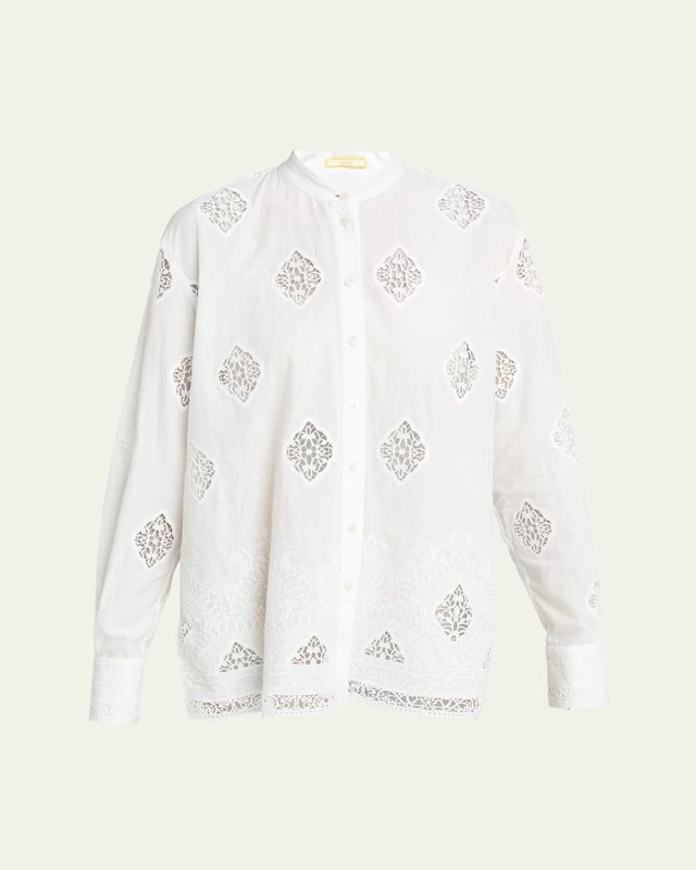 Lace-Embroidered Long-Sleeve Open-Back Shirt