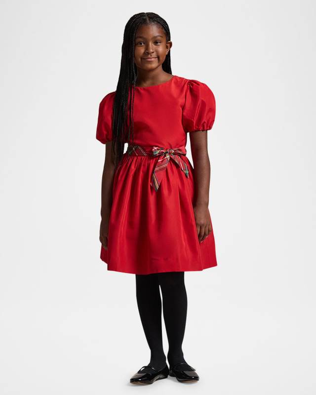 Girl's Puff Sleeve Dress W/ Waist Bow, Size 2-