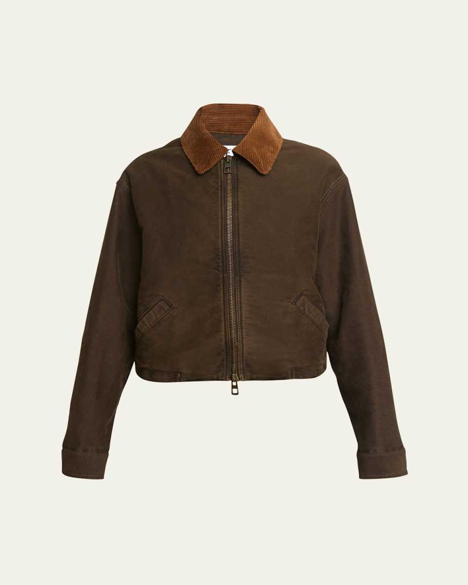 Corduroy Collared Zip Up Jacket with Plaid Sleeves