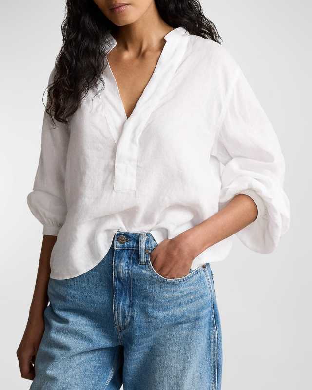 Blouson-Sleeve Linen Blouse