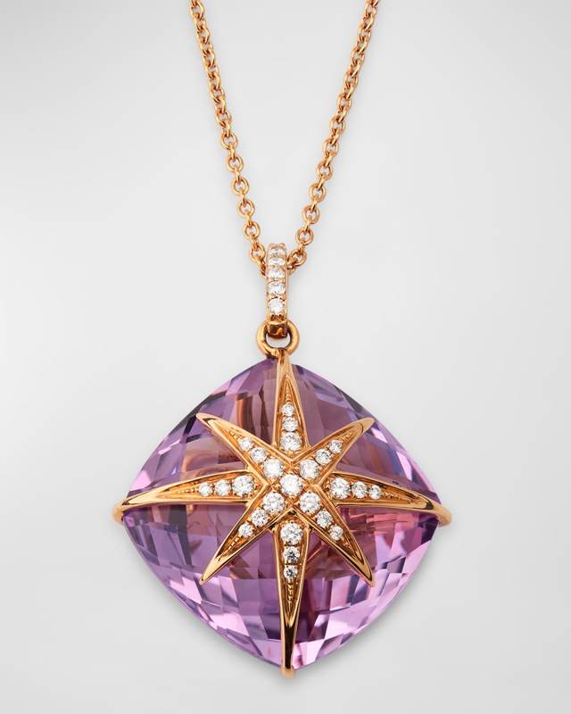 Rocks 18K Rose Gold Cushion Cut Amethyst and North Star Diamond Pendant Necklace