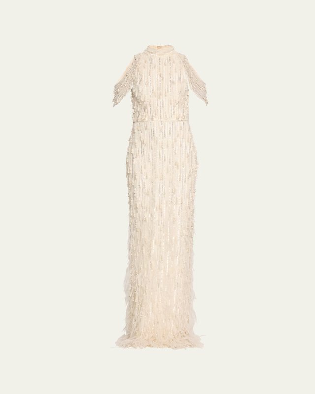 Fringe Beaded Cold-Shoulder Tulle Gown