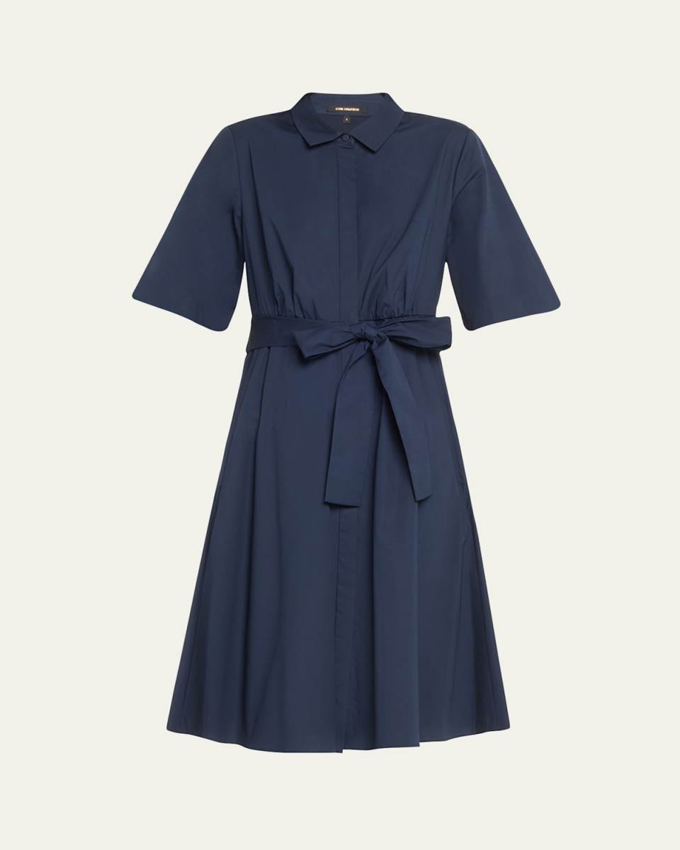 Tiffany Pleated Elbow-Sleeve Midi Shirtdress