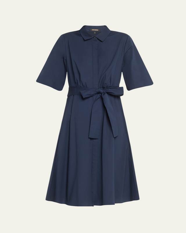 Tiffany Pleated Elbow-Sleeve Midi Shirtdress