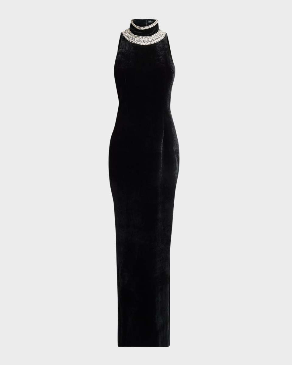 Velvet Open Back Gown with Crystal Embroidery