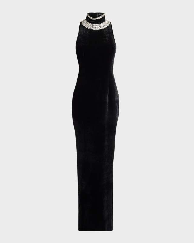 Velvet Open Back Gown with Crystal Embroidery