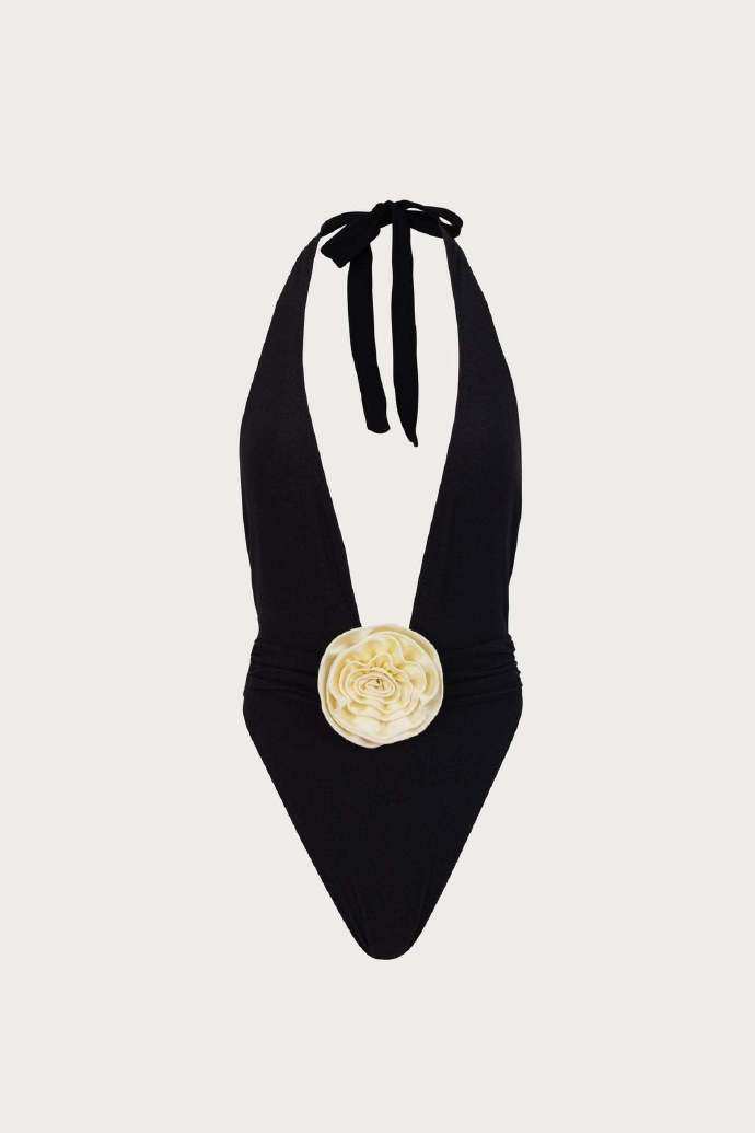SAME ROSETTE V ONE PIECE (FAUX SUEDE BLACK/CREAM)