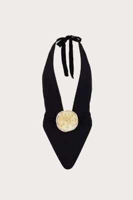 SAME ROSETTE V ONE PIECE (FAUX SUEDE BLACK/CREAM)