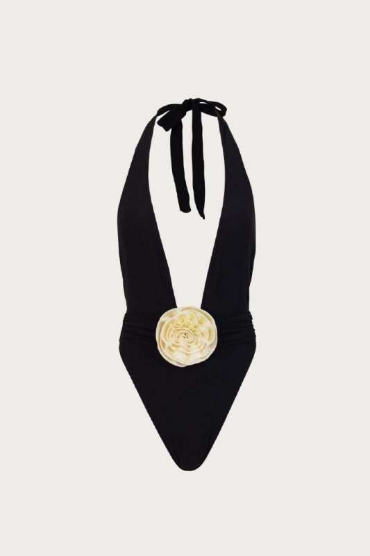 SAME ROSETTE V ONE PIECE (FAUX SUEDE BLACK/CREAM)