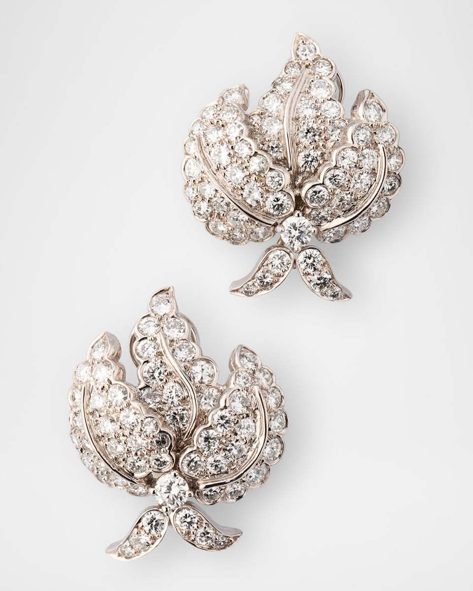 Estate Platinum Floral Leaf Clip-On Earrings with Diamonds