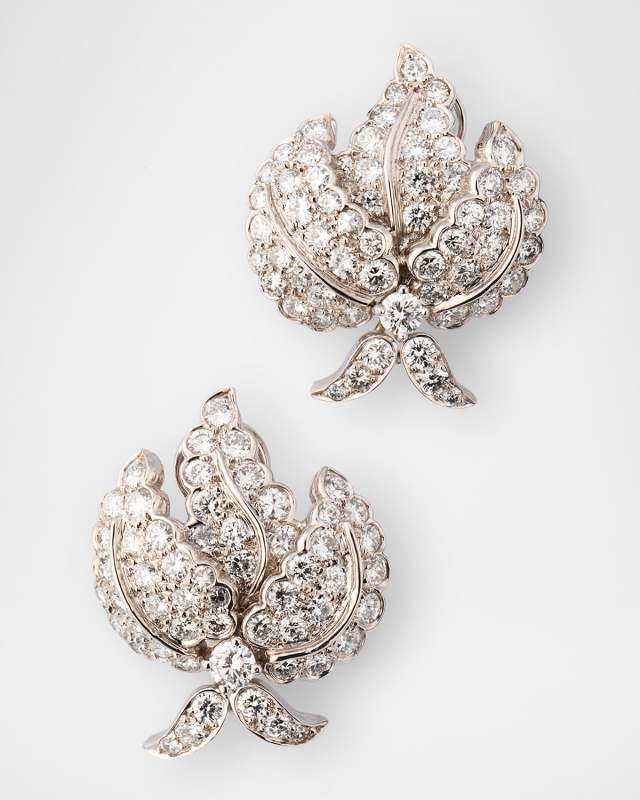 Estate Platinum Floral Leaf Clip-On Earrings with Diamonds