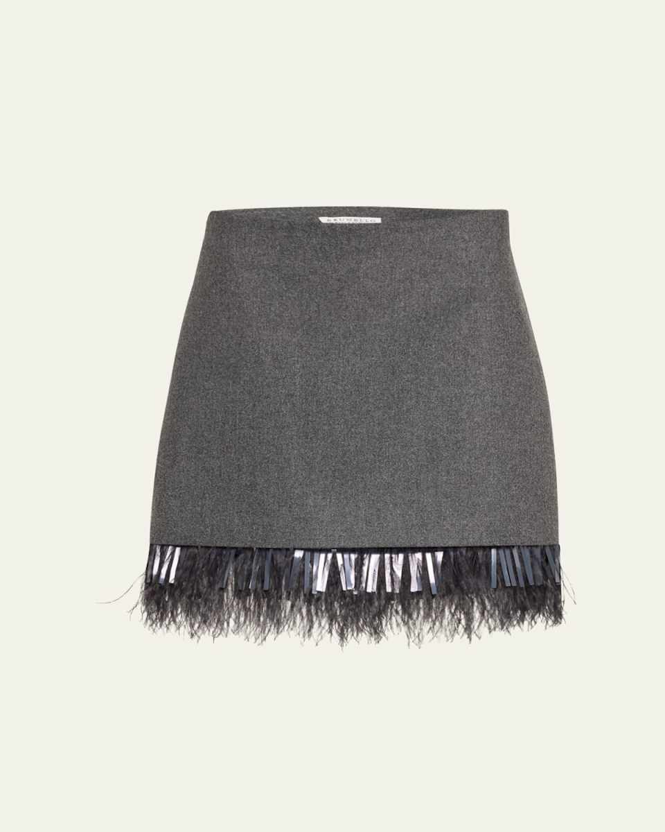 Feather-Trim Wool-Cashmere Flannel Mini Skirt