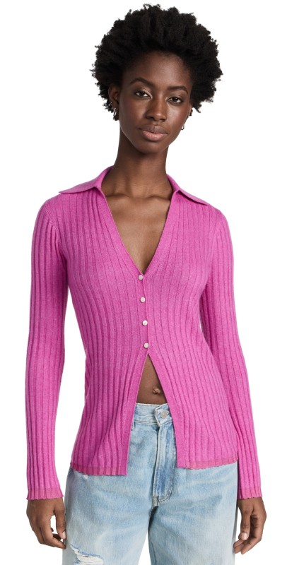 Guest in Residence Rib Button Cardigan Fuschia