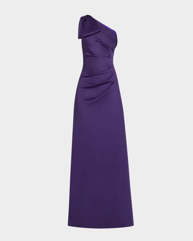 Zyra Pleated One-Shoulder Bow Gown