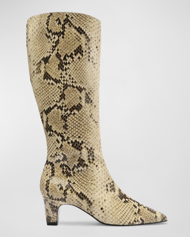 Dellia Snake-Embossed Kitten Ankle Boots