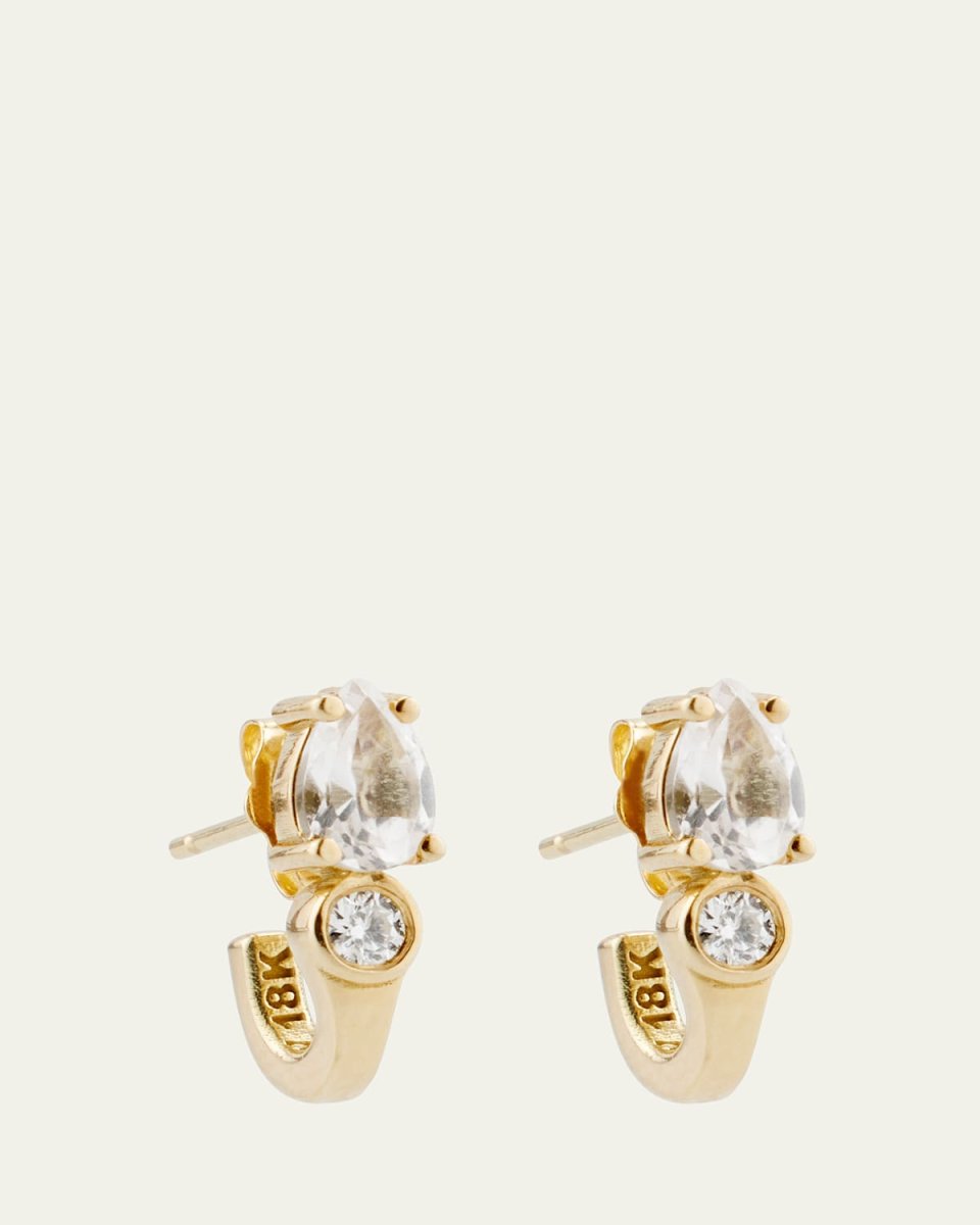 18K Yellow Gold Pear White Topaz and Diamond Huggie Hoop Earrings