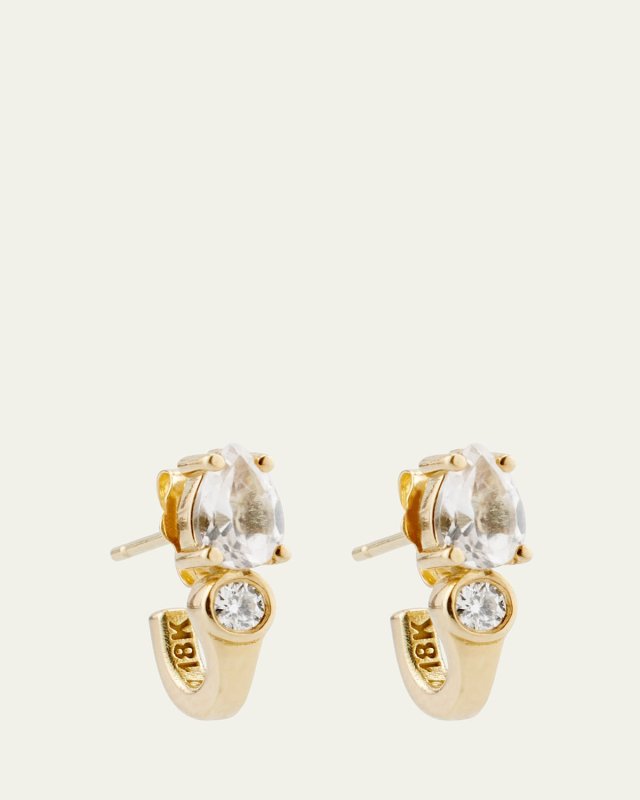 18K Yellow Gold Pear White Topaz and Diamond Huggie Hoop Earrings