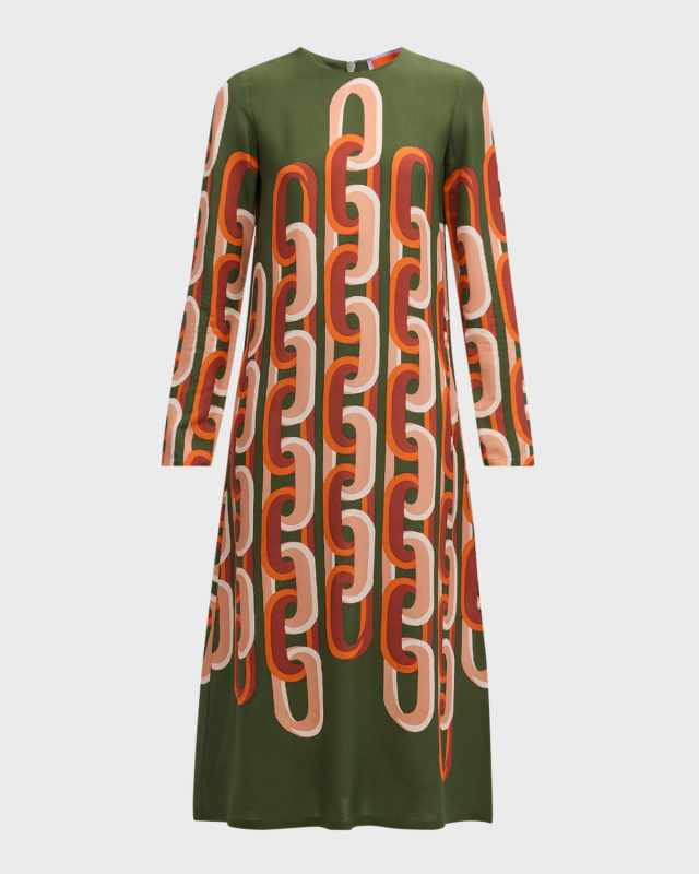 Printed Long-Sleeve Midi Swing Dress