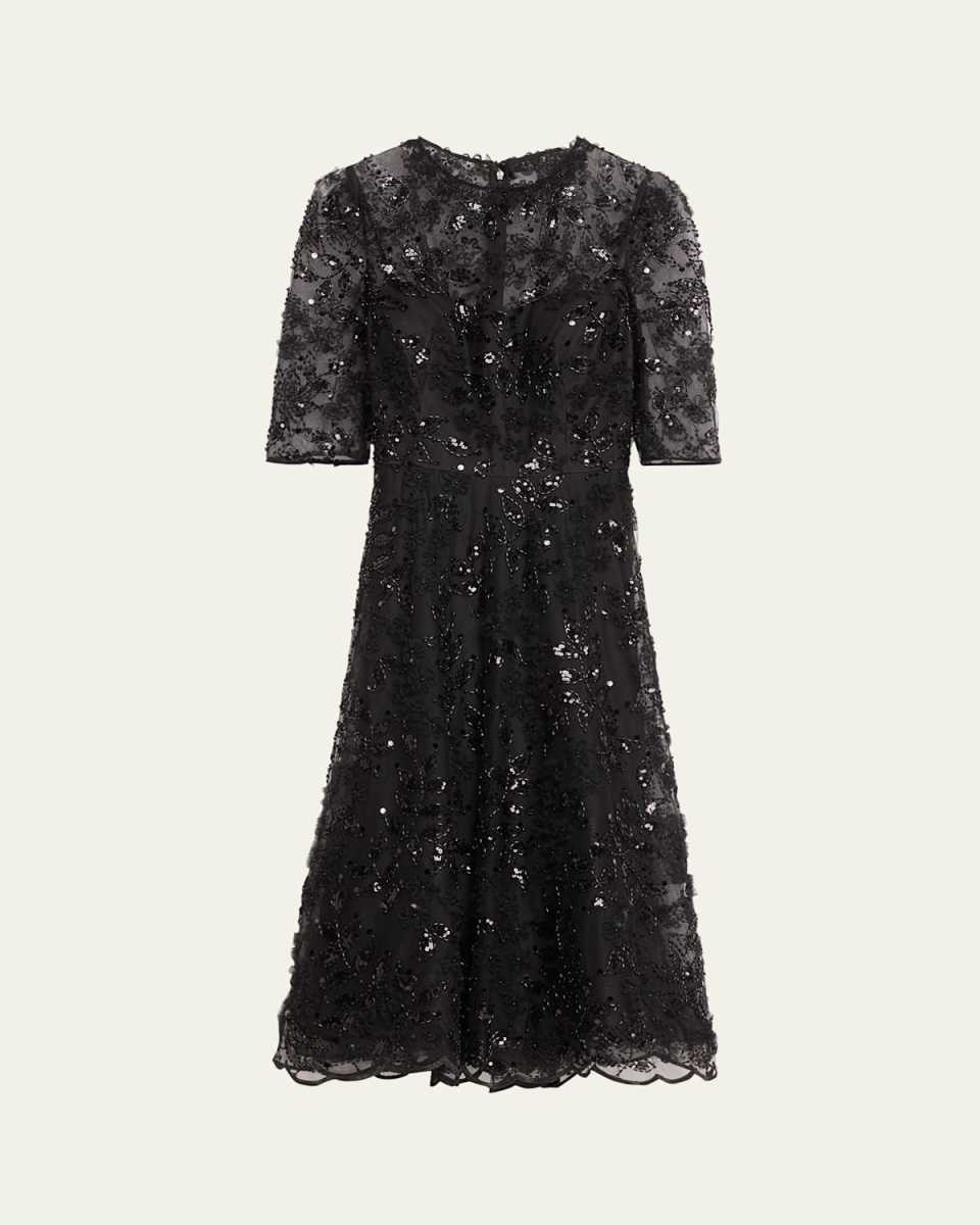 Floral Bead & Sequin Tulle Midi Dress