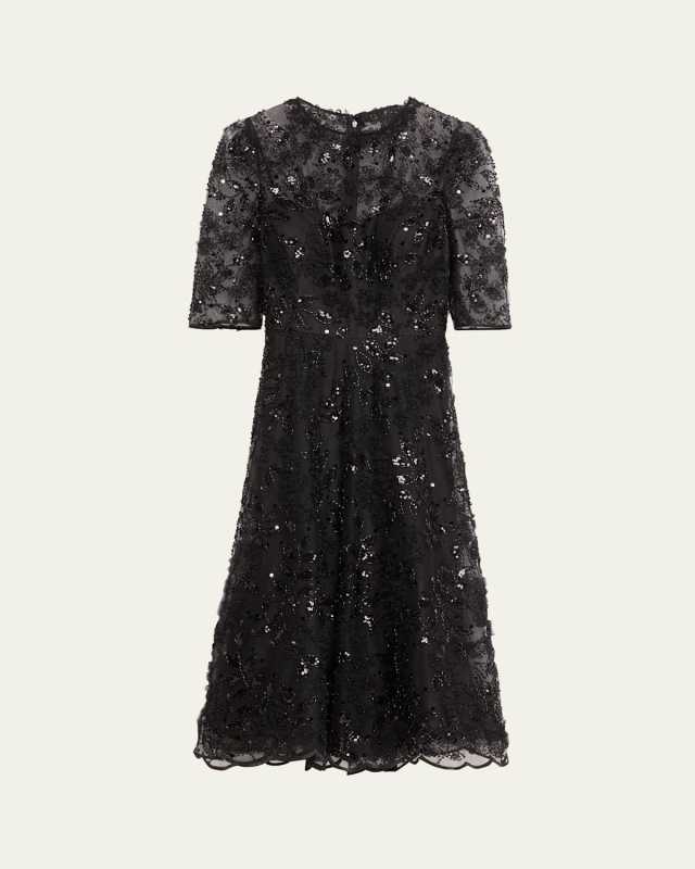 Floral Bead & Sequin Tulle Midi Dress