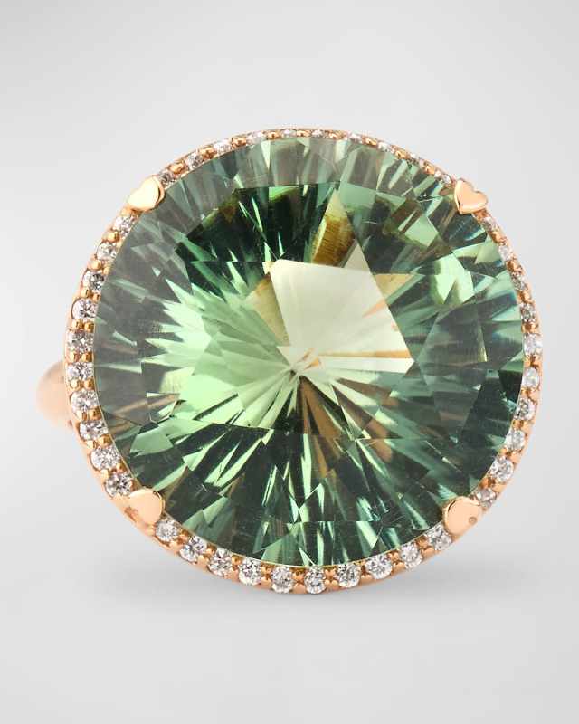 Rocks 18K Rose Gold Green Quartz and Diamond Halo Cocktail Ring, Size 6