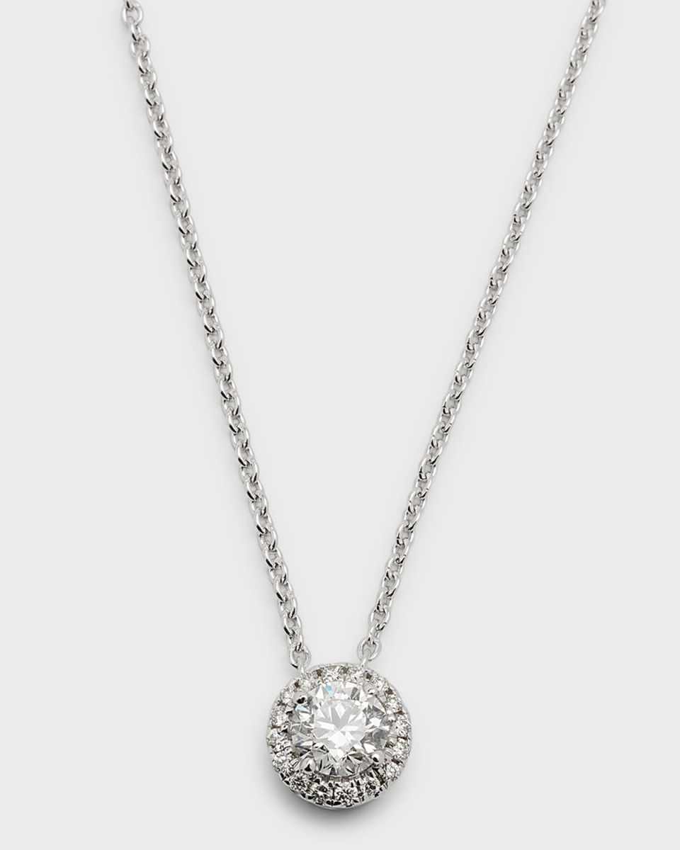 18K White Gold Round Diamond Halo Pendant Necklace, 18"L, 0.6tcw