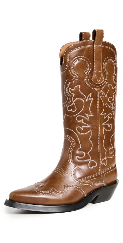GANNI Mid Shaft Embroidered Western Boots Tiger's Eye