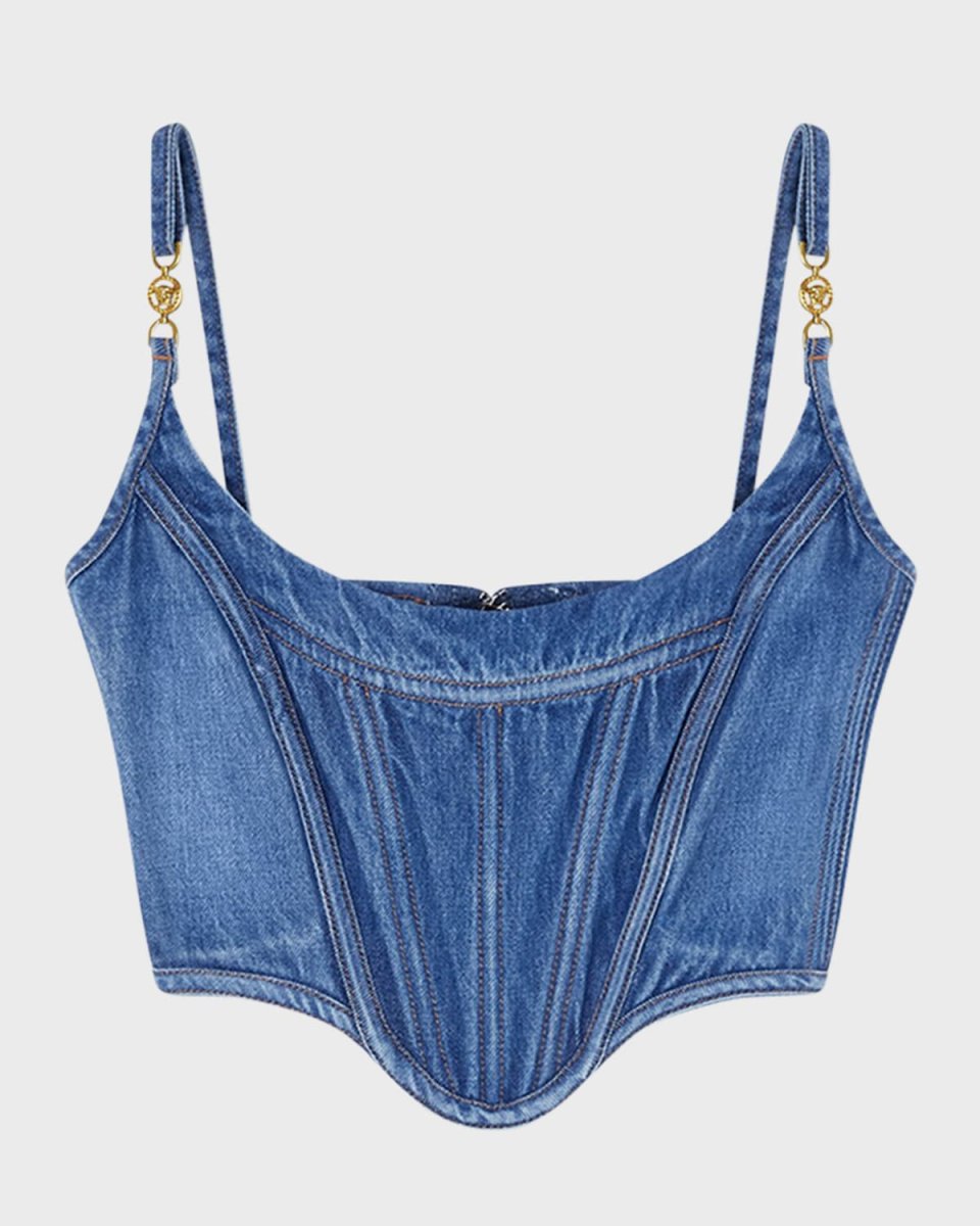 Stone-Washed Denim Crop Corset Top