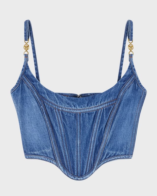 Stone-Washed Denim Crop Corset Top