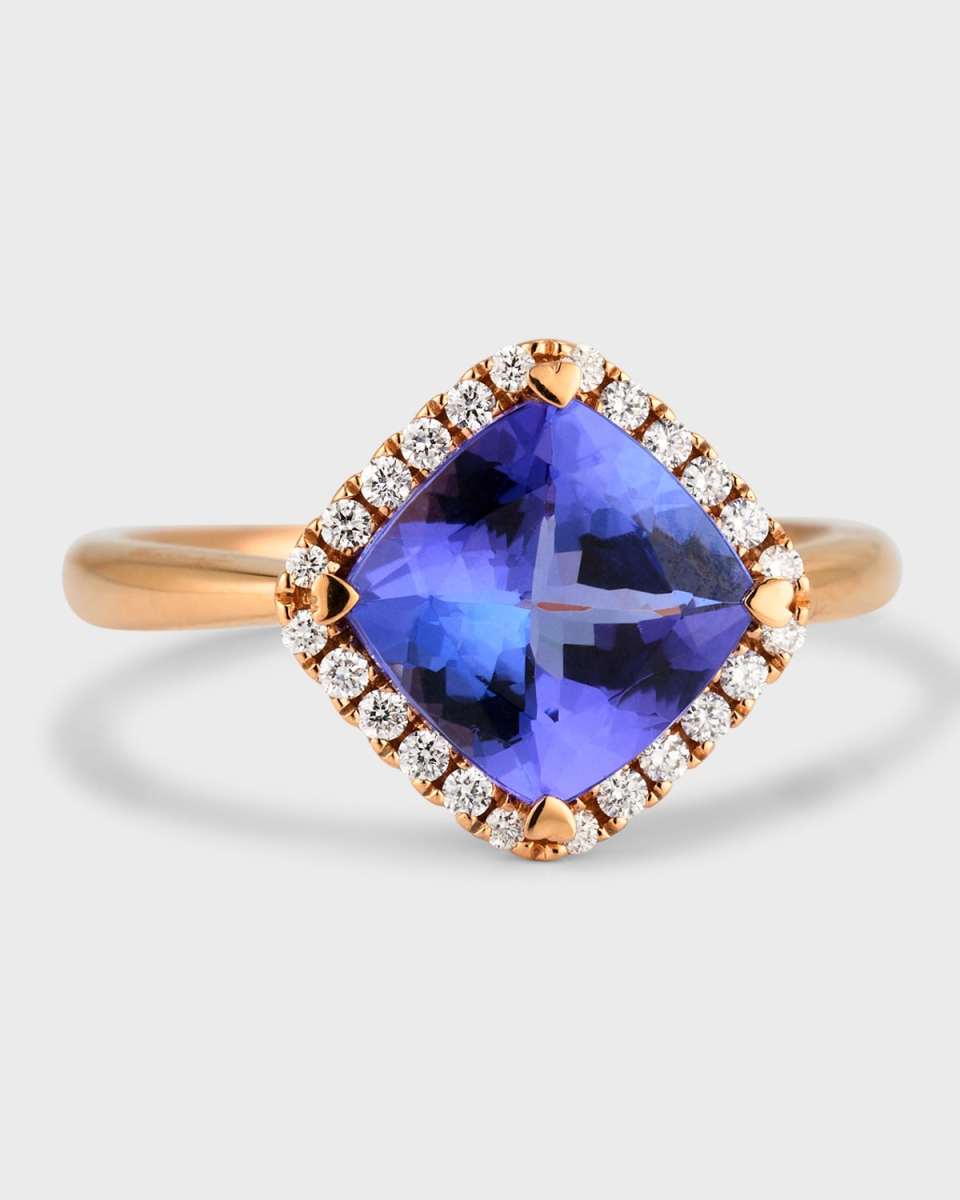 Rocks 18K Rose Gold Petite Cushion Cut Tanzanite and Diamond Halo Cocktail Ring, Size 6