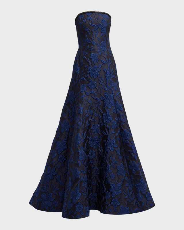 Blue Jacquard Gown with Embroidered Detail