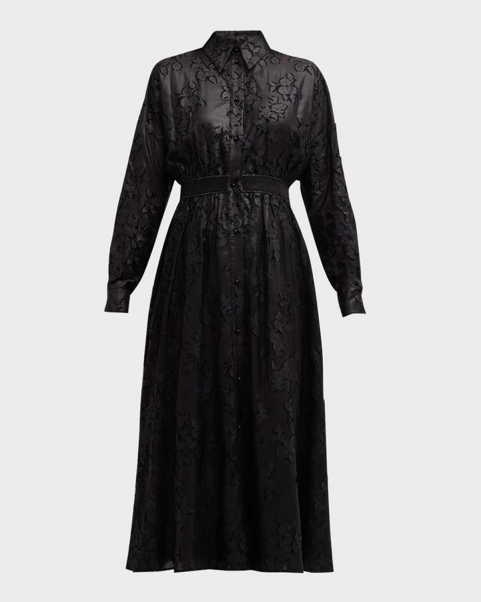 Italian Floral Chinzed Fil Coupe Long-Sleeve Midi Shirtdress