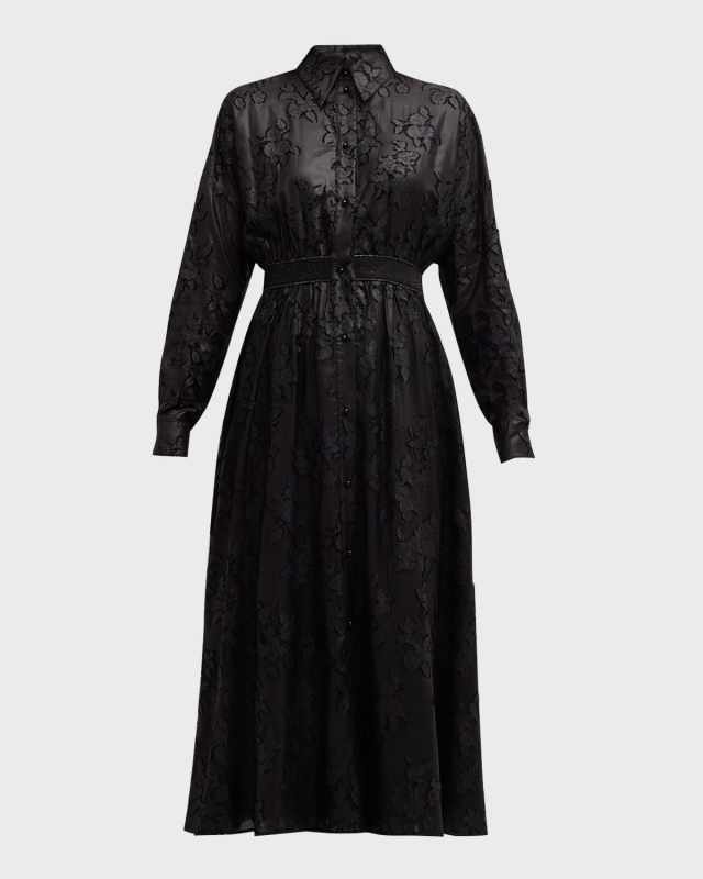 Italian Floral Chinzed Fil Coupe Long-Sleeve Midi Shirtdress