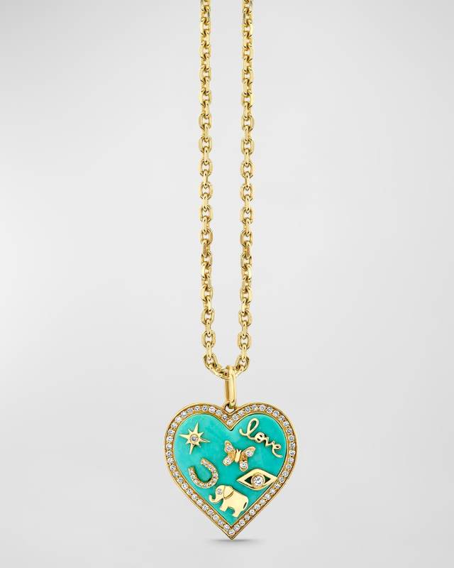 14K Yellow Gold Turquoise Stone Icon Heart Charm Necklace with Diamonds