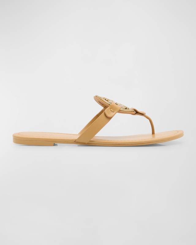 Miller Leather Pave Medallion Flat Thong Sandals