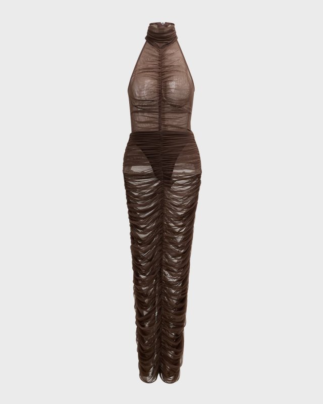 Turtleneck Ruched Mesh Sleeveless Maxi Dress