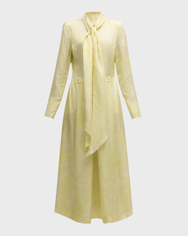 Feather-Print Scarf-Neck Long-Sleeve Silk Maxi Dress