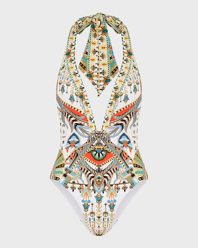 Valley of the Queens Backless Halter One-Piece Swimsuit