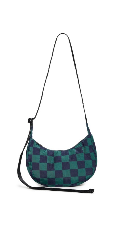 BAGGU Small Nylon Crescent Bag Navy Green Check