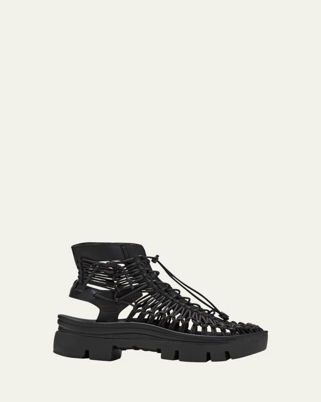 Leather Net Lace-Up Ankle Booties