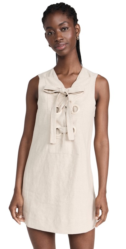 English Factory Linen Lace Up Front Dress Tan