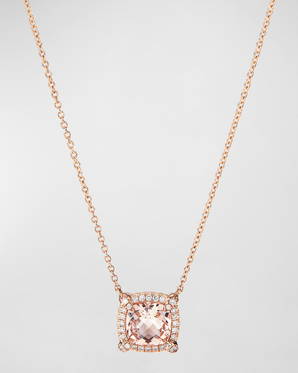 Petite Chatelaine Pave Bezel Pendant Necklace in 18K Yellow Gold with Morganite