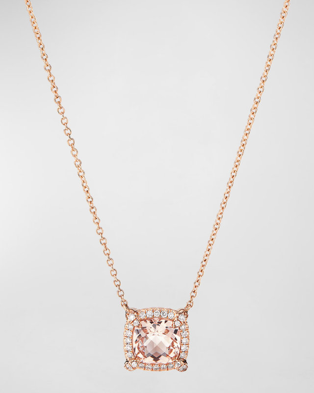 Petite Chatelaine Pave Bezel Pendant Necklace in 18K Yellow Gold with Morganite