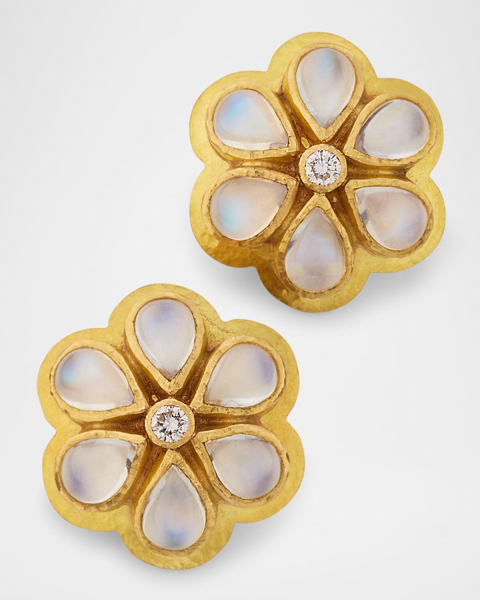 19K Daisy Moonstone Earrings with Diamond Centers