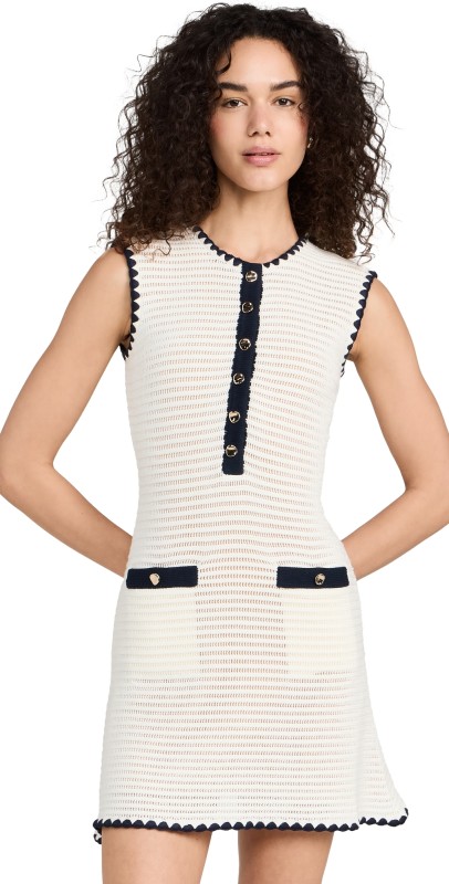 Self Portrait Cream Crochet Contrast Trim Mini Dress Cream
