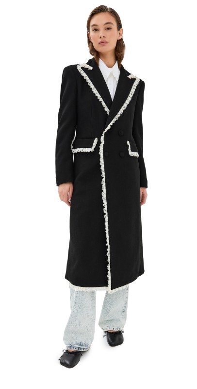 Tanner Fletcher Benedict Double Breasted Lace Trim Coat Black