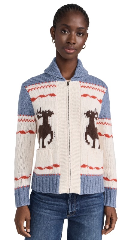 THE GREAT Outdoors The Shawl Collar Full Zip Sweater Moose Track Fair Isle