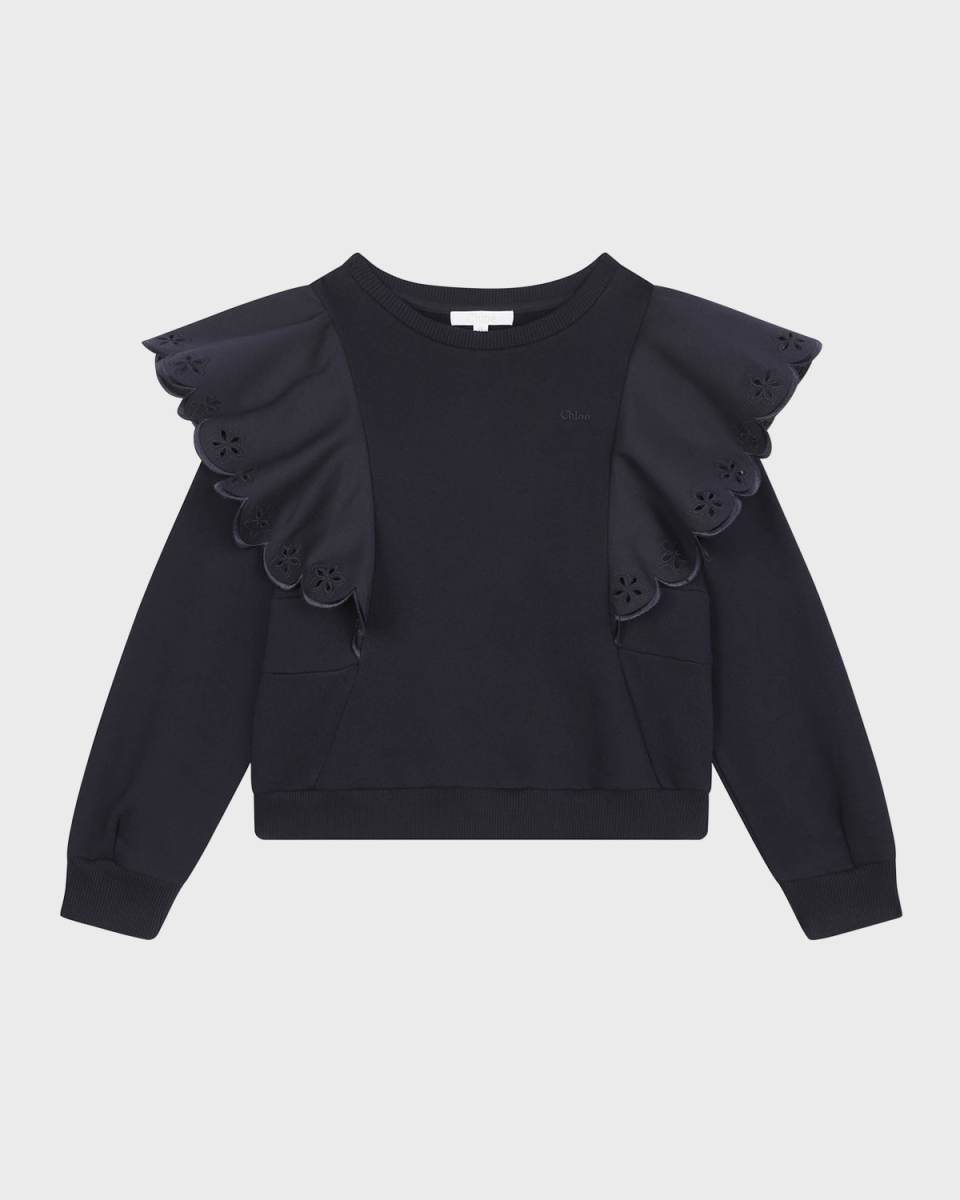 Girl's Logo-Print Embroidered Ruffle Trim Sweater, Size 4-6