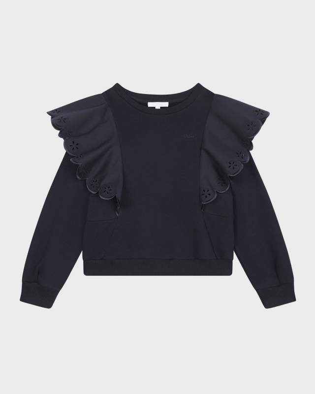 Girl's Logo-Print Embroidered Ruffle Trim Sweater, Size 4-6