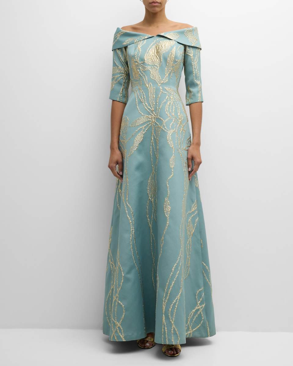 Off-Shoulder Metallic Jacquard Gown